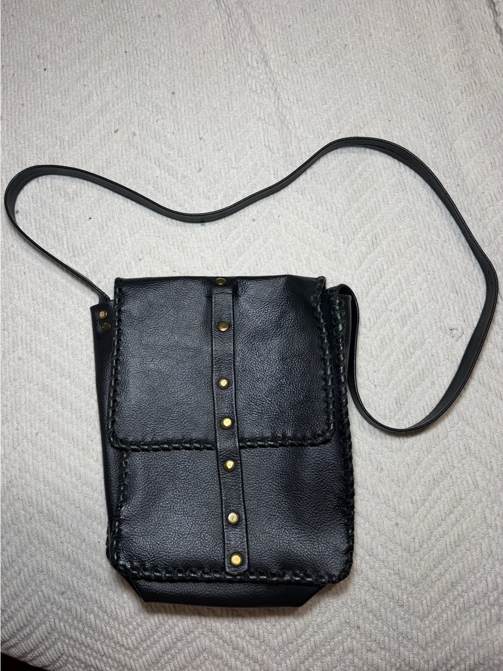Black Leather ARTISAN Crossbody Bag with whip stitch/ Stud Detail